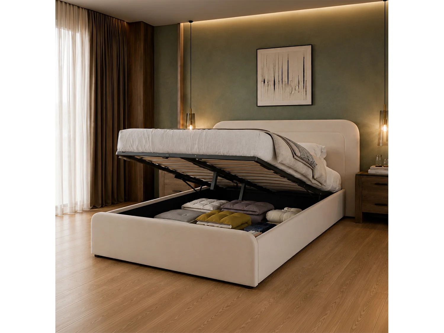 Lit avec coffre de rangement 140x190cm en velours beige BOISE