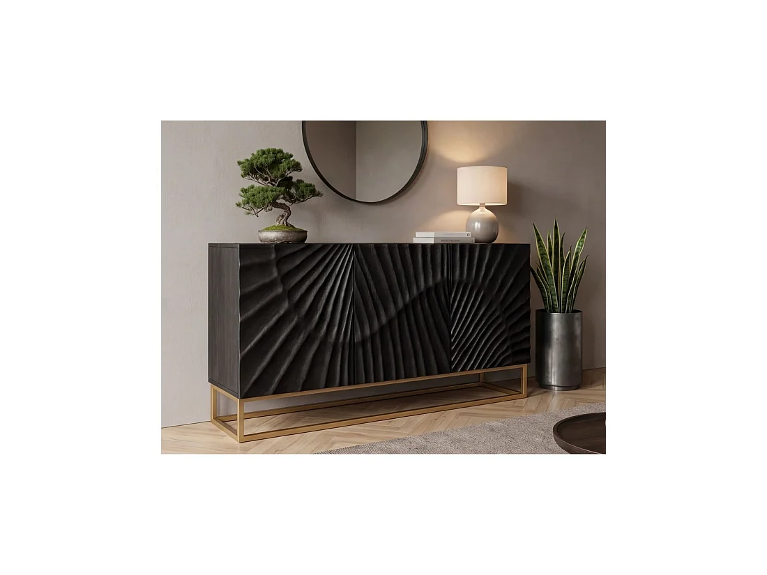 Buffet laag SILVA 3 deuren zwart en goud in massief mangohout gesneden - 140 x 75 x 38 cm