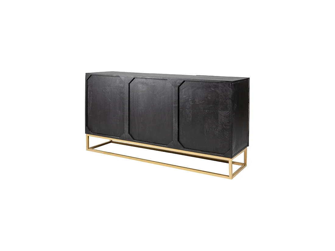 Buffet laag SILVA 3 deuren zwart en goud in massief mangohout gesneden - 140 x 75 x 38 cm