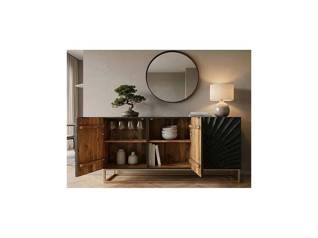 Buffet laag SILVA 3 deuren zwart en goud in massief mangohout gesneden - 140 x 75 x 38 cm