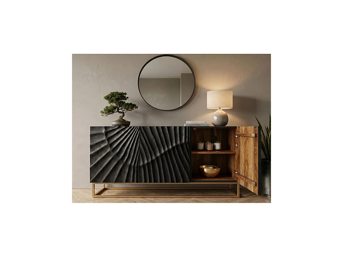 Buffet laag SILVA 3 deuren zwart en goud in massief mangohout gesneden - 140 x 75 x 38 cm