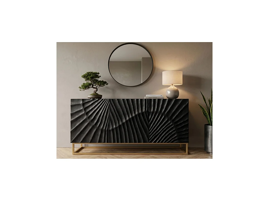 Buffet laag SILVA 3 deuren zwart en goud in massief mangohout gesneden - 140 x 75 x 38 cm