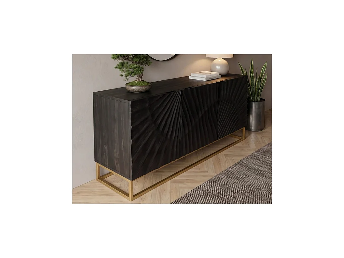 Buffet laag SILVA 3 deuren zwart en goud in massief mangohout gesneden - 140 x 75 x 38 cm
