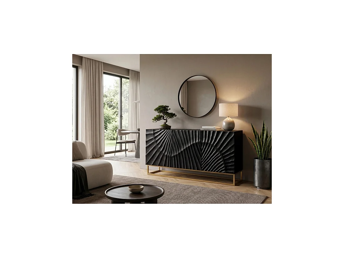 Buffet laag SILVA 3 deuren zwart en goud in massief mangohout gesneden - 140 x 75 x 38 cm