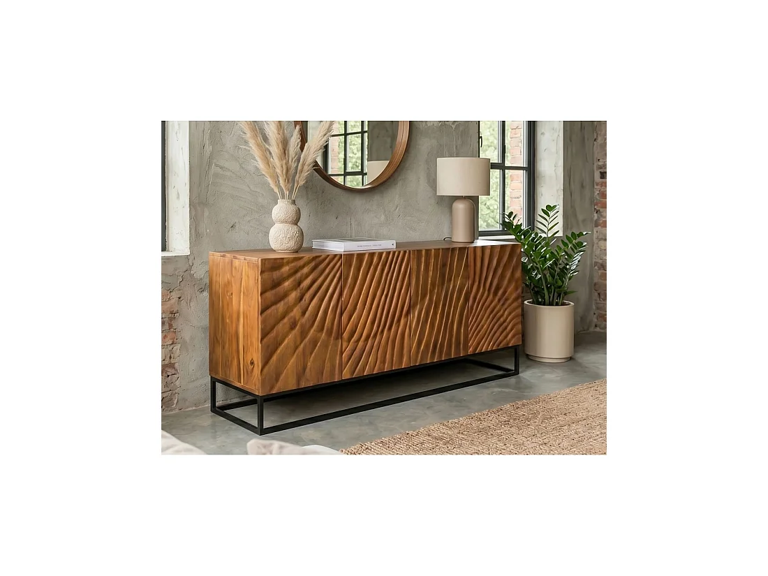 Buffet SILVA 177 cm en bois massif de manguier sculpté – 4 portes et piètement métal noir