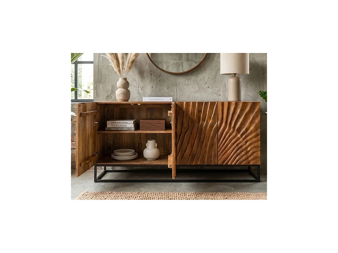 Buffet SILVA 177 cm en bois massif de manguier sculpté – 4 portes et piètement métal noir