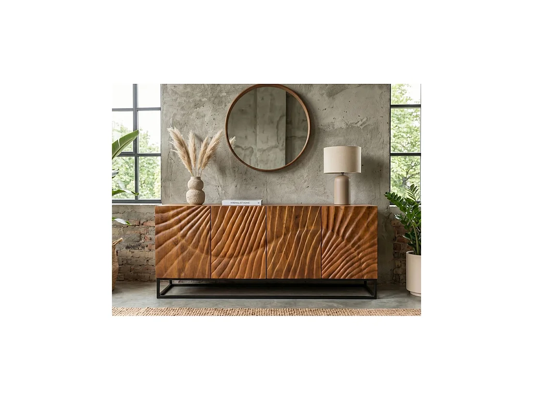 Buffet SILVA 177 cm en bois massif de manguier sculpté – 4 portes et piètement métal noir