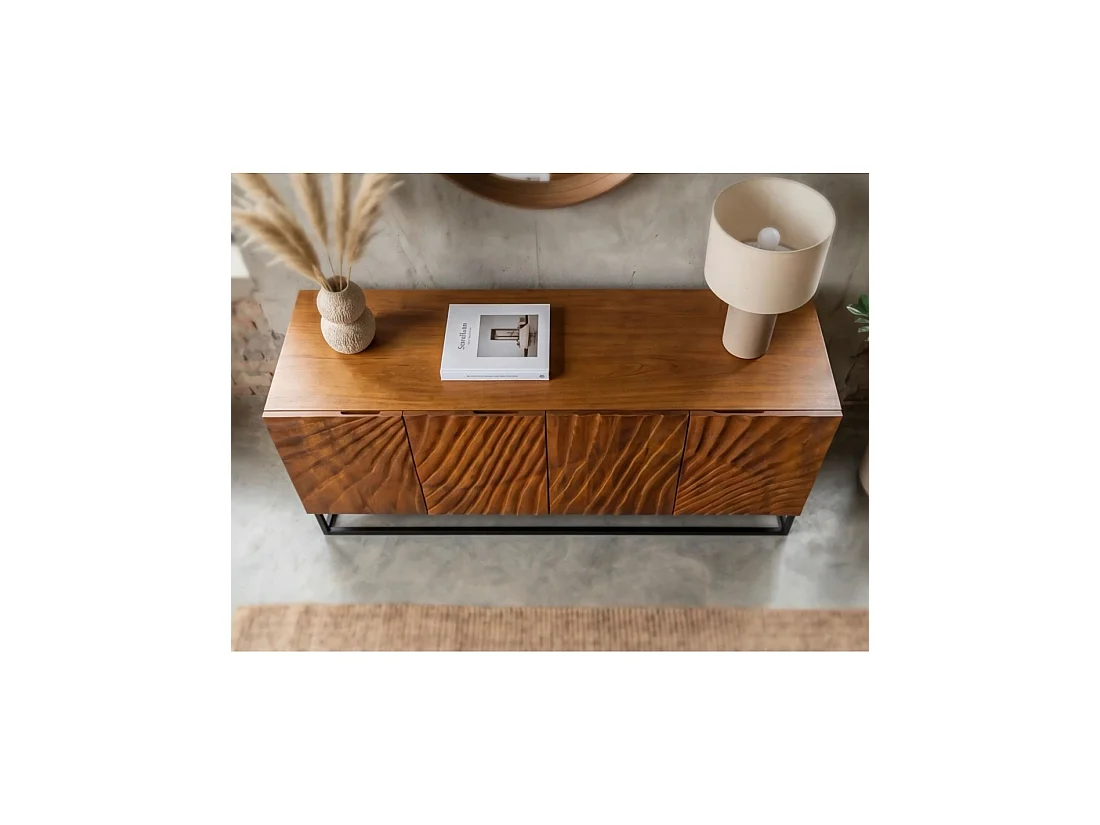 Buffet SILVA 177 cm en bois massif de manguier sculpté – 4 portes et piètement métal noir