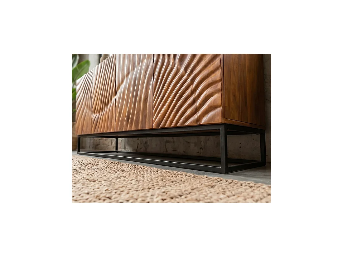 Buffet SILVA 177 cm en bois massif de manguier sculpté – 4 portes et piètement métal noir
