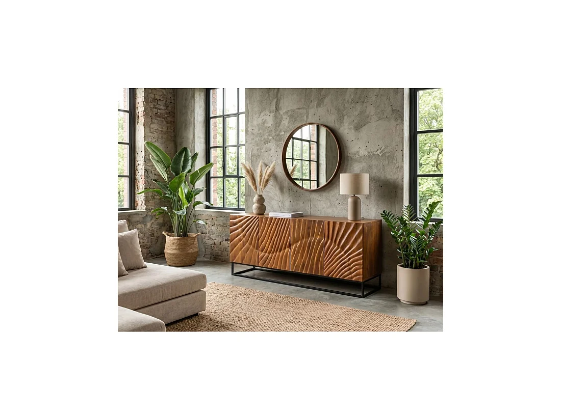 Buffet SILVA 177 cm en bois massif de manguier sculpté – 4 portes et piètement métal noir
