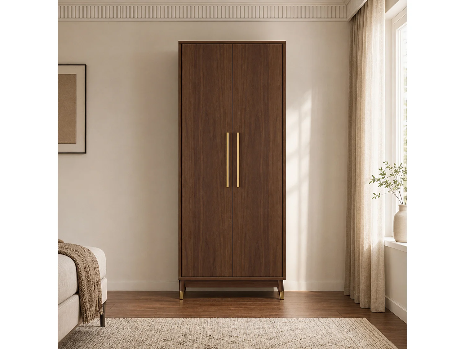 Armoire à 2 portes, finition noyer avec tringle à vêtements