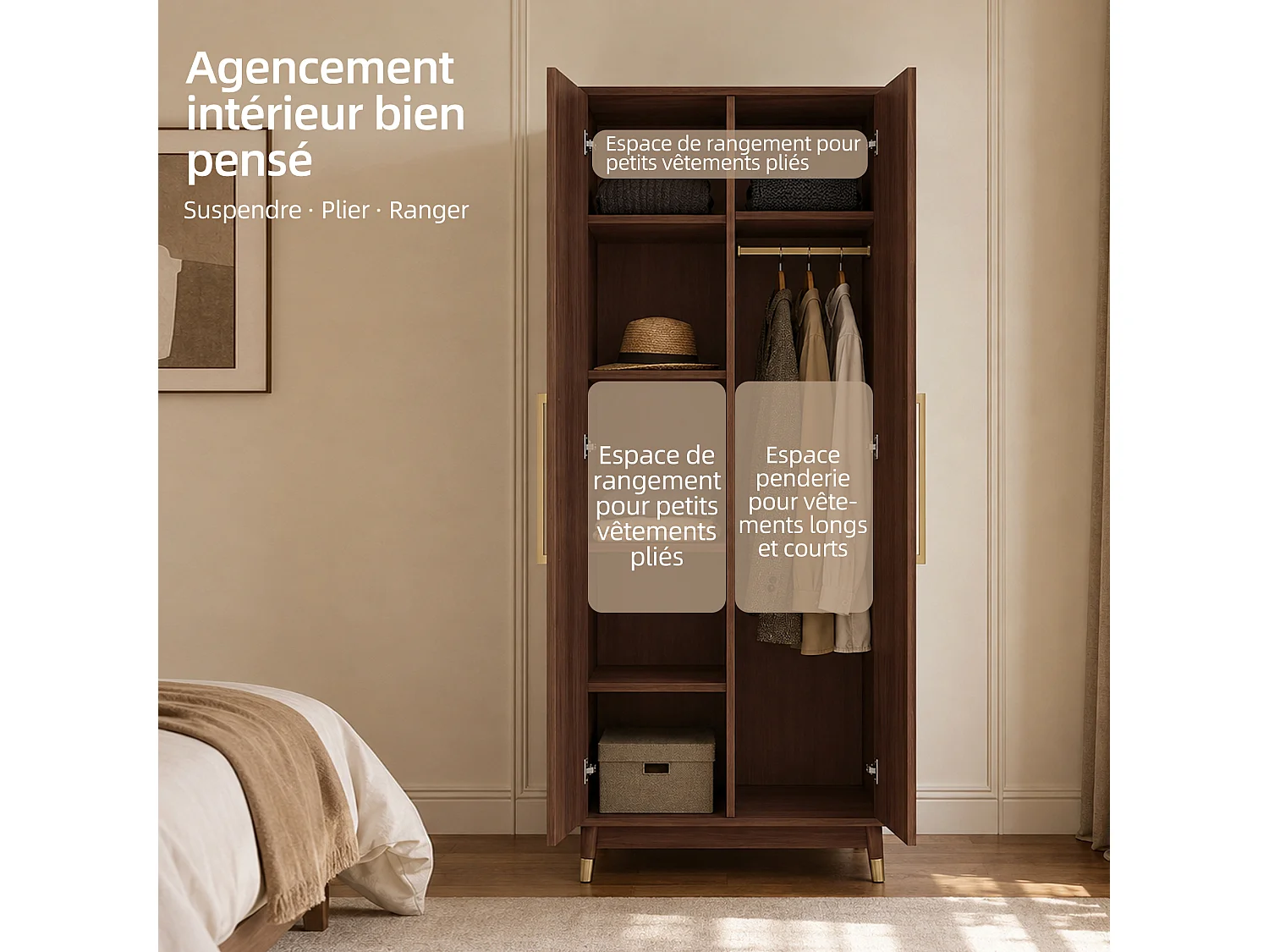 Armoire à 2 portes, finition noyer avec tringle à vêtements