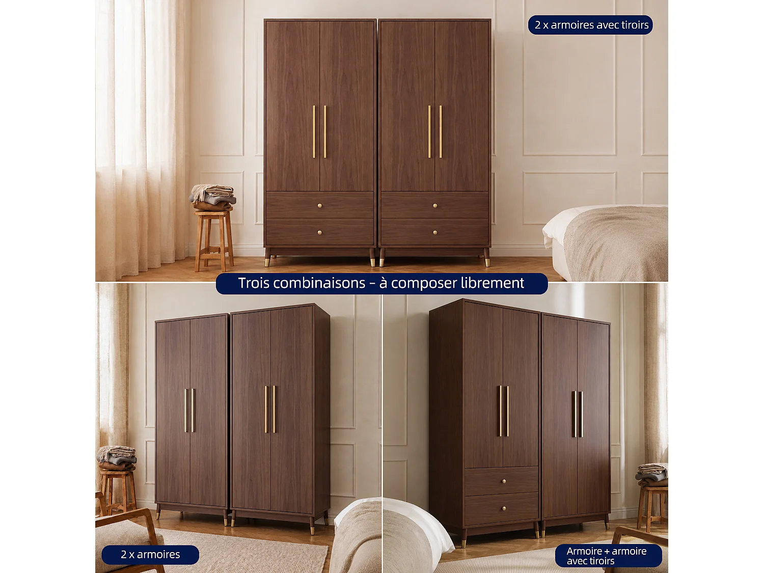 Armoire à 2 portes, finition noyer avec tringle à vêtements