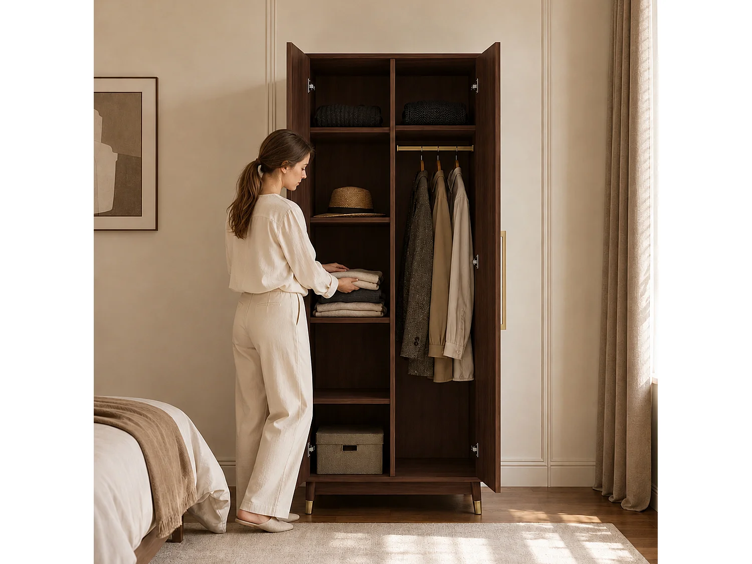 Armoire à 2 portes, finition noyer avec tringle à vêtements