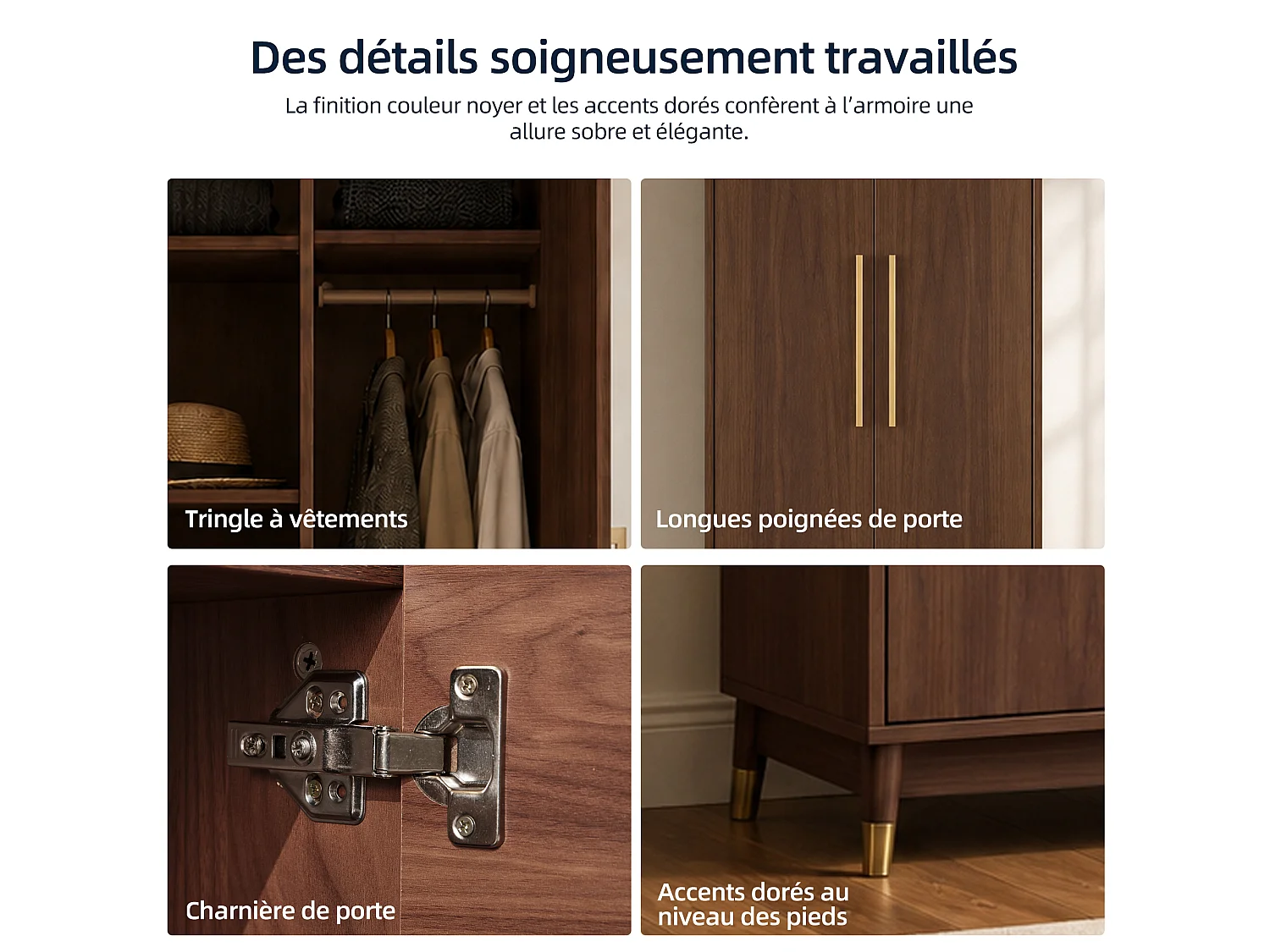 Armoire à 2 portes, finition noyer avec tringle à vêtements