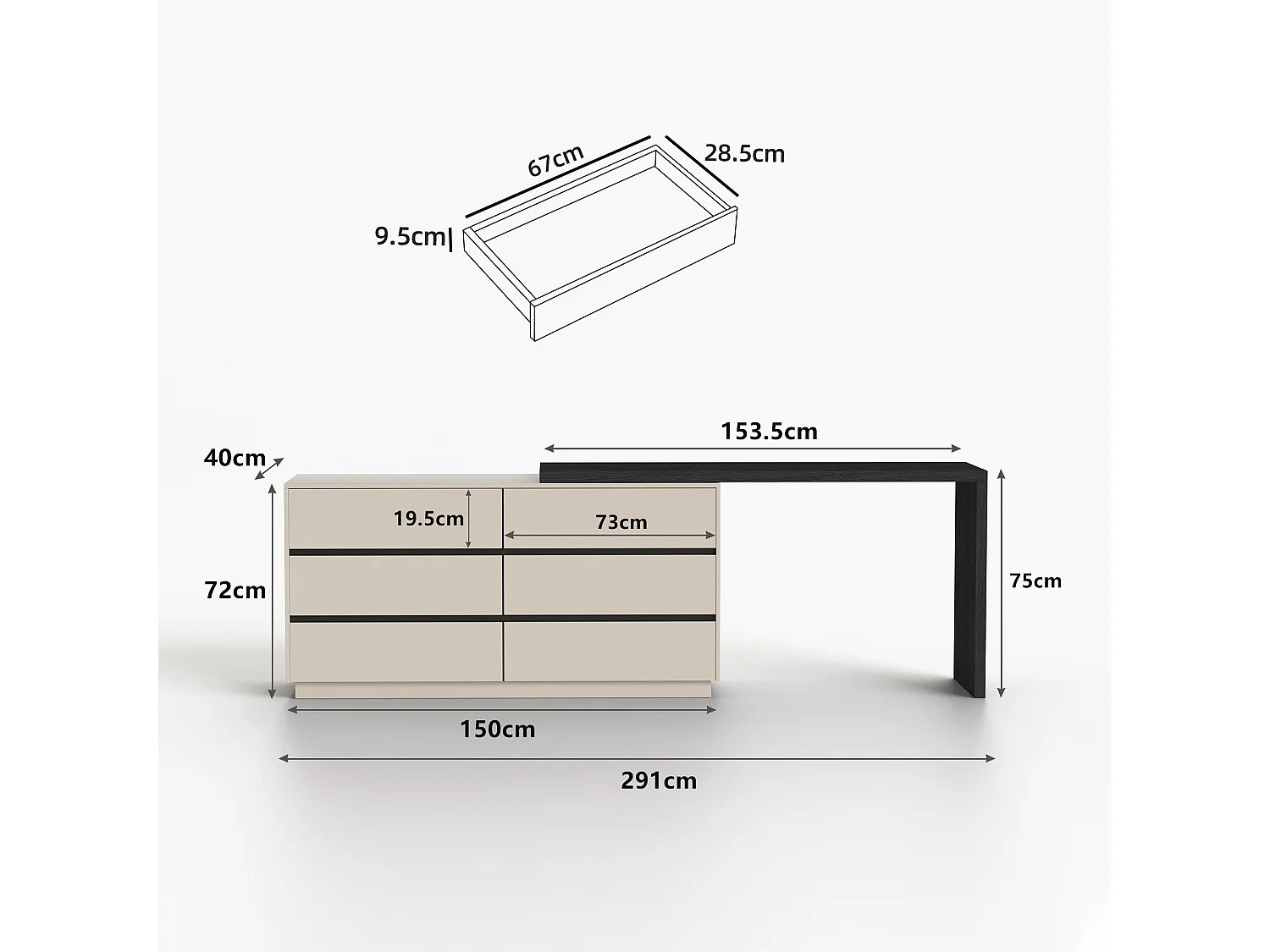 Bureau en L beige de 120 cm avec 6 tiroirs, pivotant