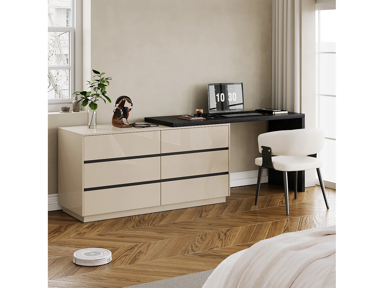 Bureau en L beige de 120 cm avec 6 tiroirs, pivotant