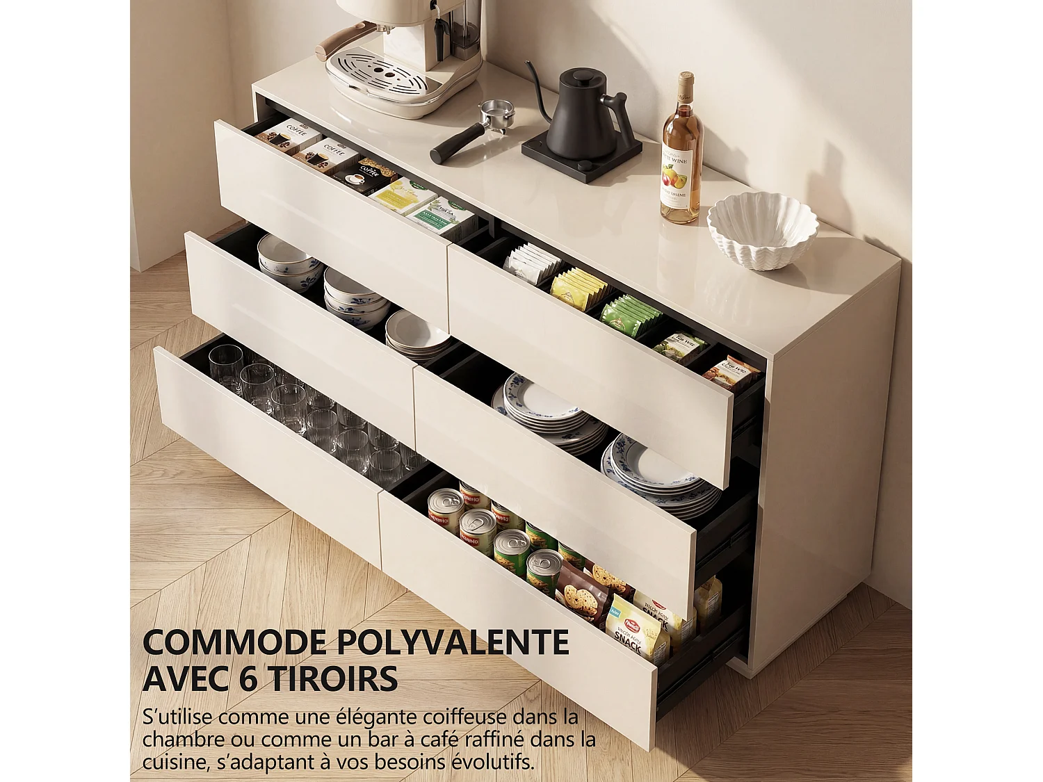 Bureau en L beige de 120 cm avec 6 tiroirs, pivotant