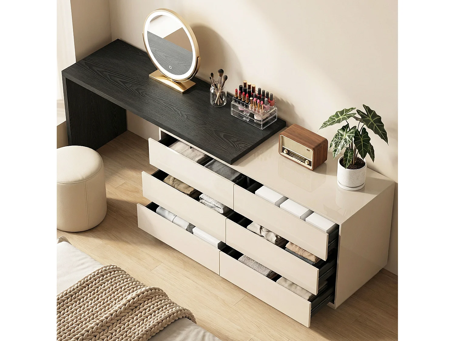 Bureau en L beige de 120 cm avec 6 tiroirs, pivotant