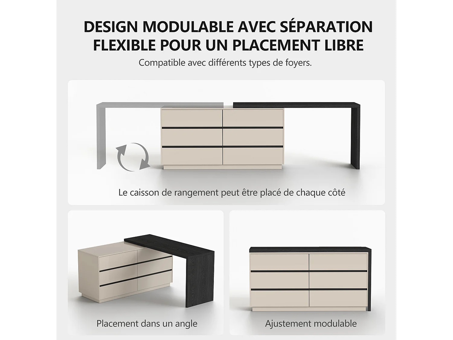 Bureau en L beige de 120 cm avec 6 tiroirs, pivotant