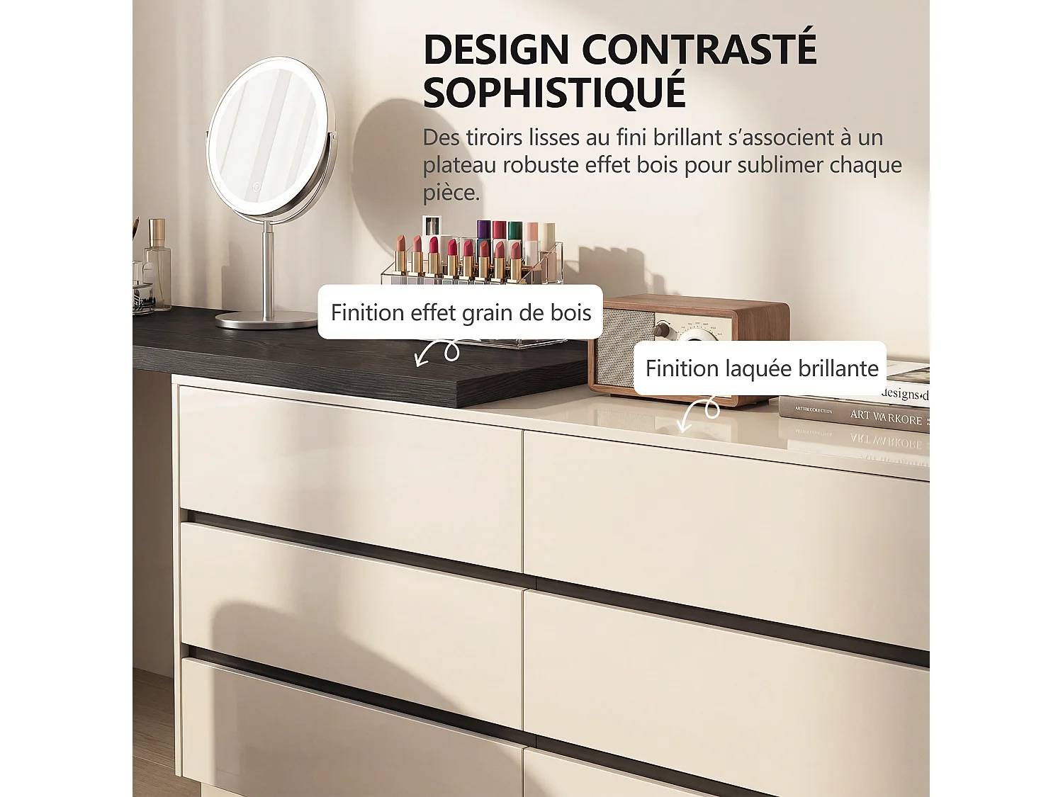 Bureau en L beige de 120 cm avec 6 tiroirs, pivotant