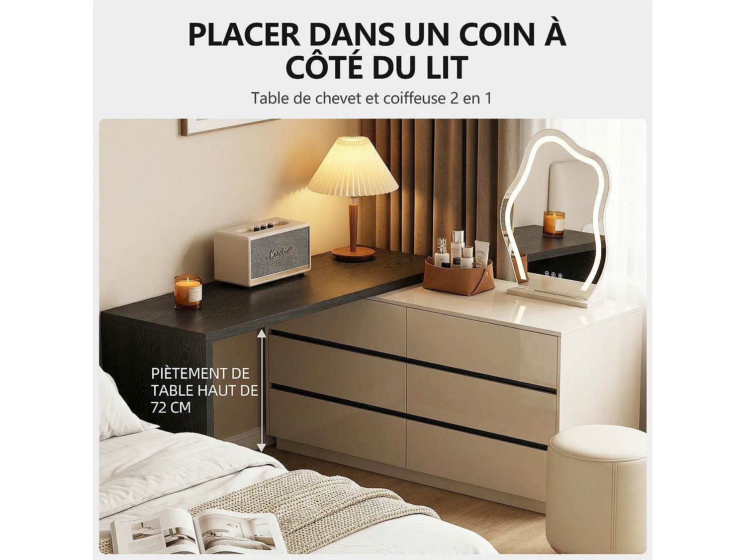Bureau en L beige de 120 cm avec 6 tiroirs, pivotant