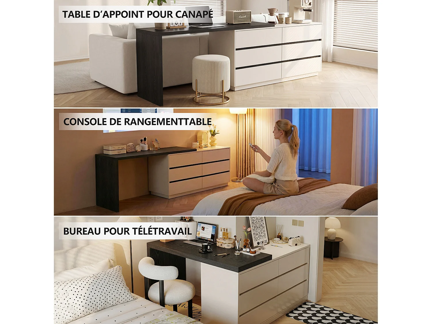 Bureau en L beige de 120 cm avec 6 tiroirs, pivotant