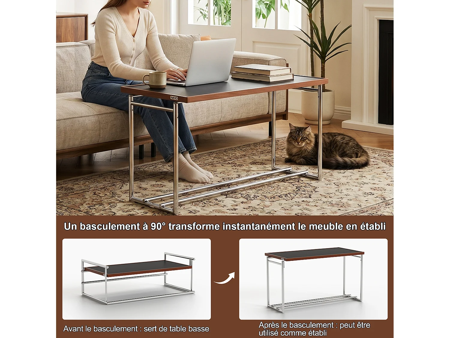 Table basse pivotante à 90°, table de salon rabattable 2-en-1 de 127 cm