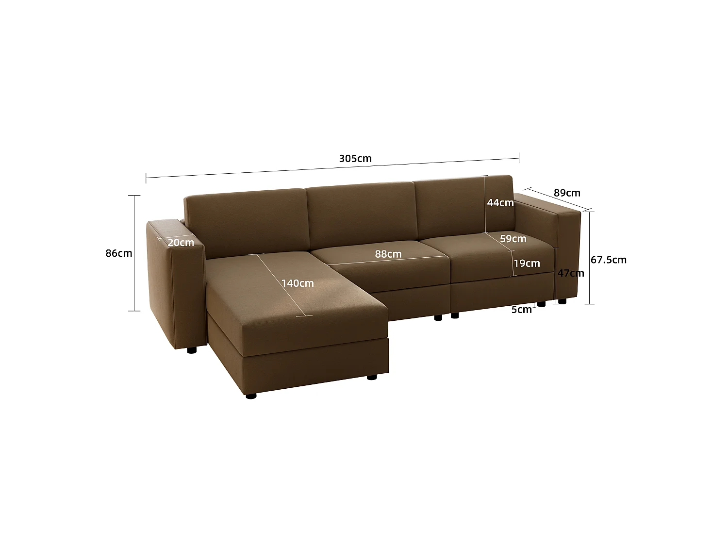 Canapé d’angle en L avec méridienne, tissu marron, 305 cm