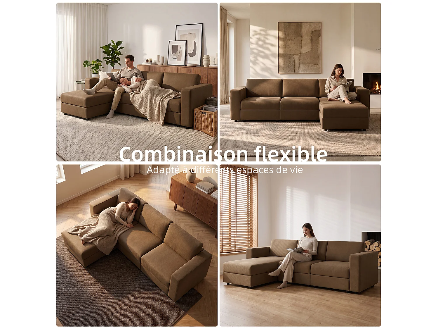 Canapé d’angle en L avec méridienne, tissu marron, 305 cm