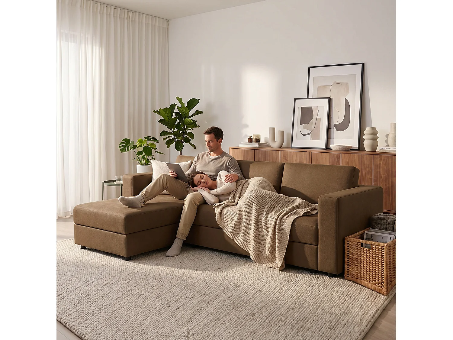 Canapé d’angle en L avec méridienne, tissu marron, 305 cm