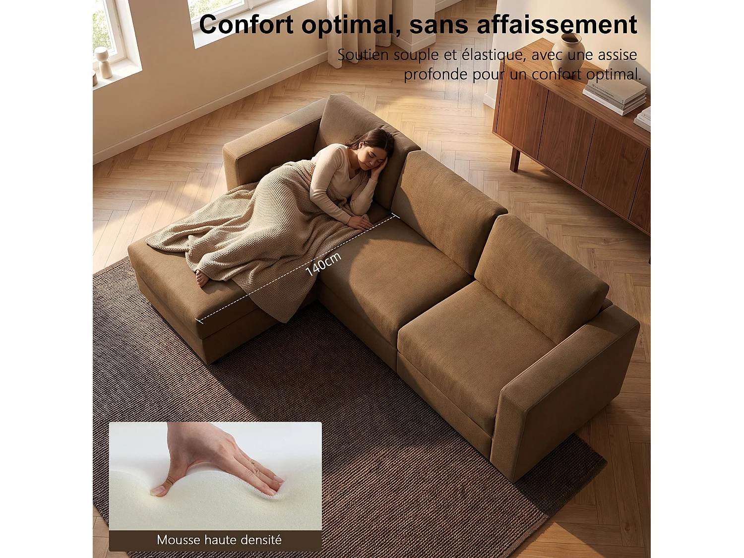 Canapé d’angle en L avec méridienne, tissu marron, 305 cm