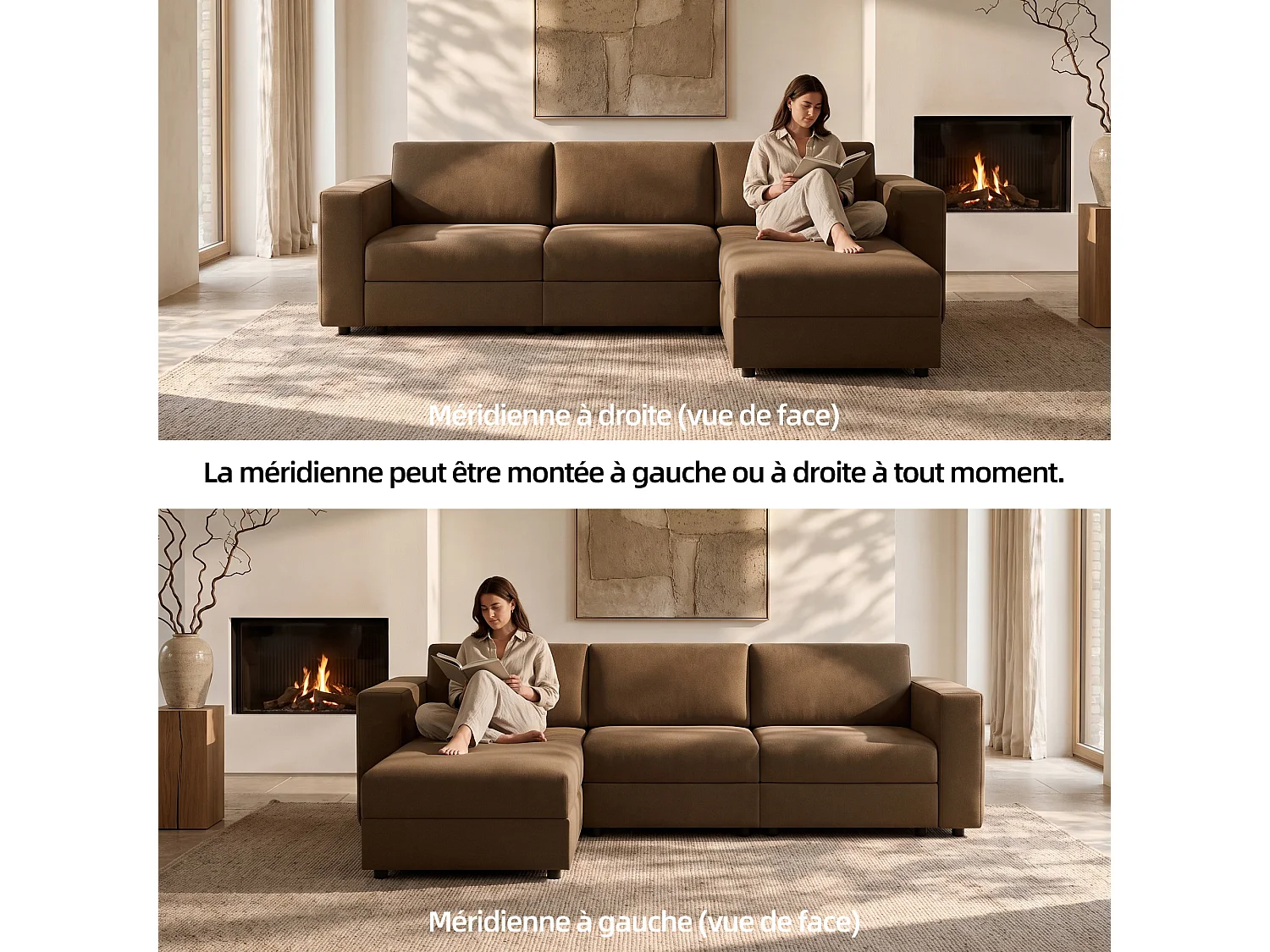 Canapé d’angle en L avec méridienne, tissu marron, 305 cm
