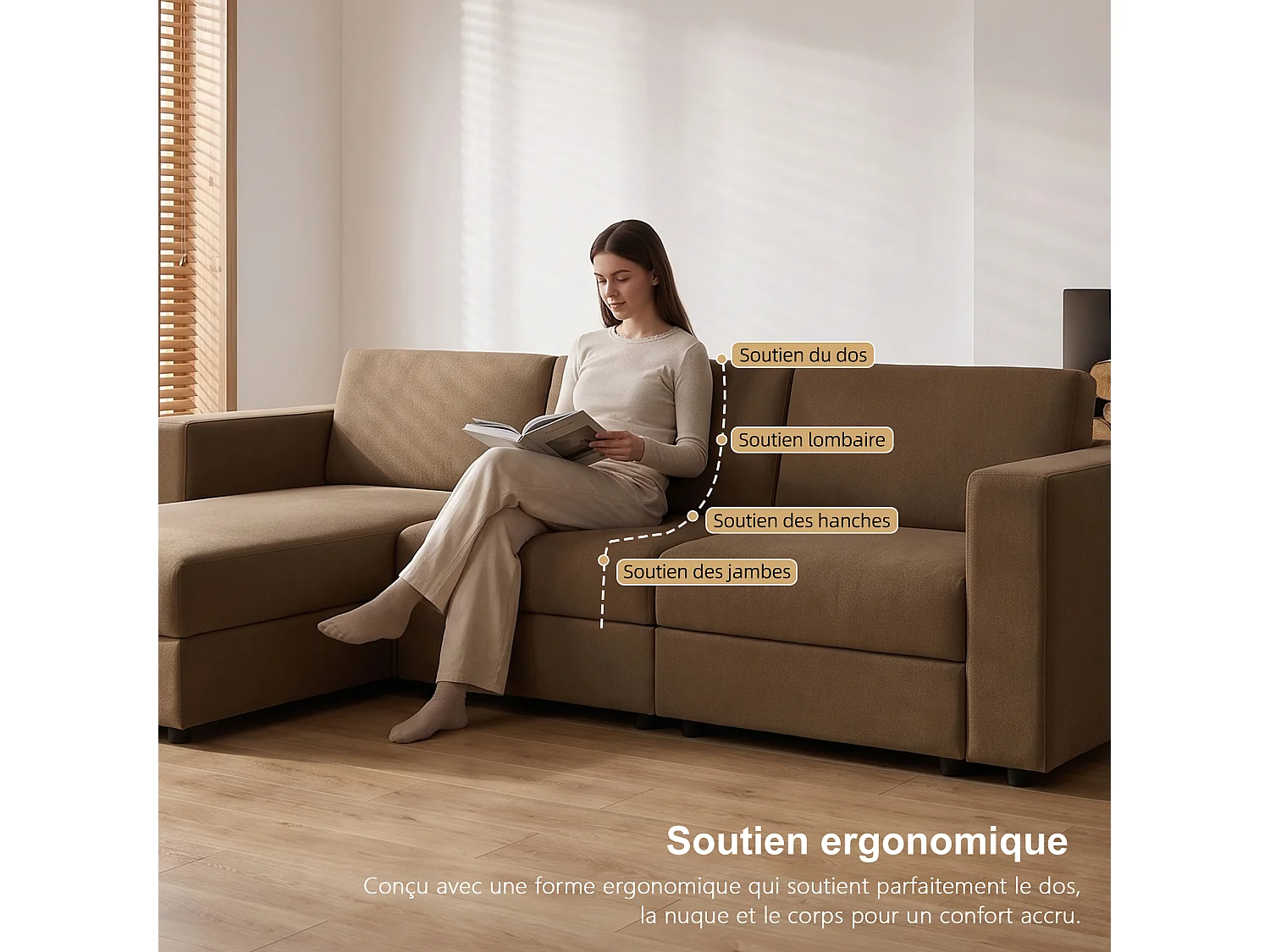 Canapé d’angle en L avec méridienne, tissu marron, 305 cm