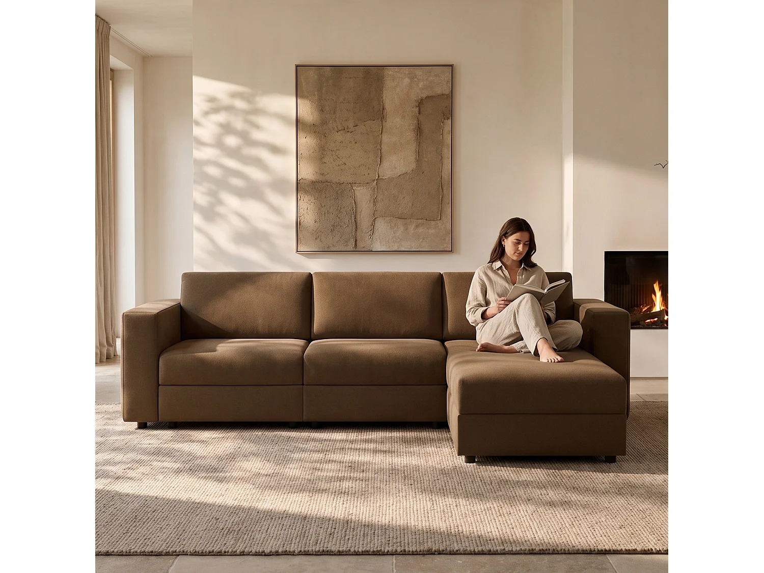 Canapé d’angle en L avec méridienne, tissu marron, 305 cm