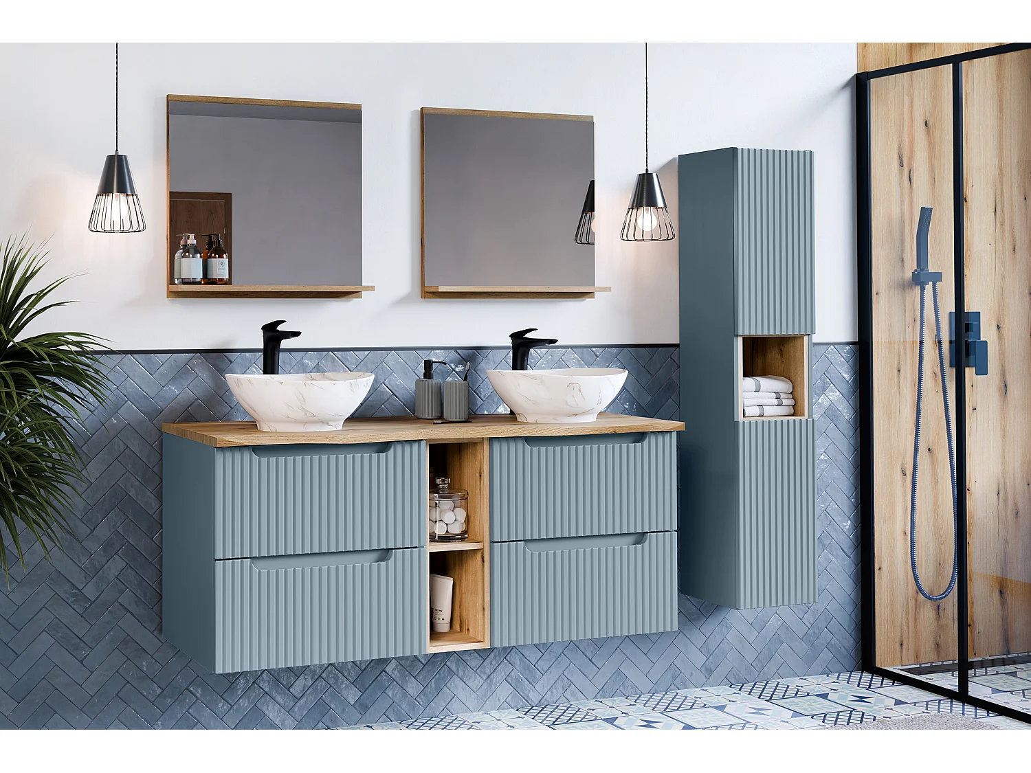 Ensemble de meubles Nova Denim 140 cm avec plan de toilette Nova Oak et 2 vasques à poser Anna