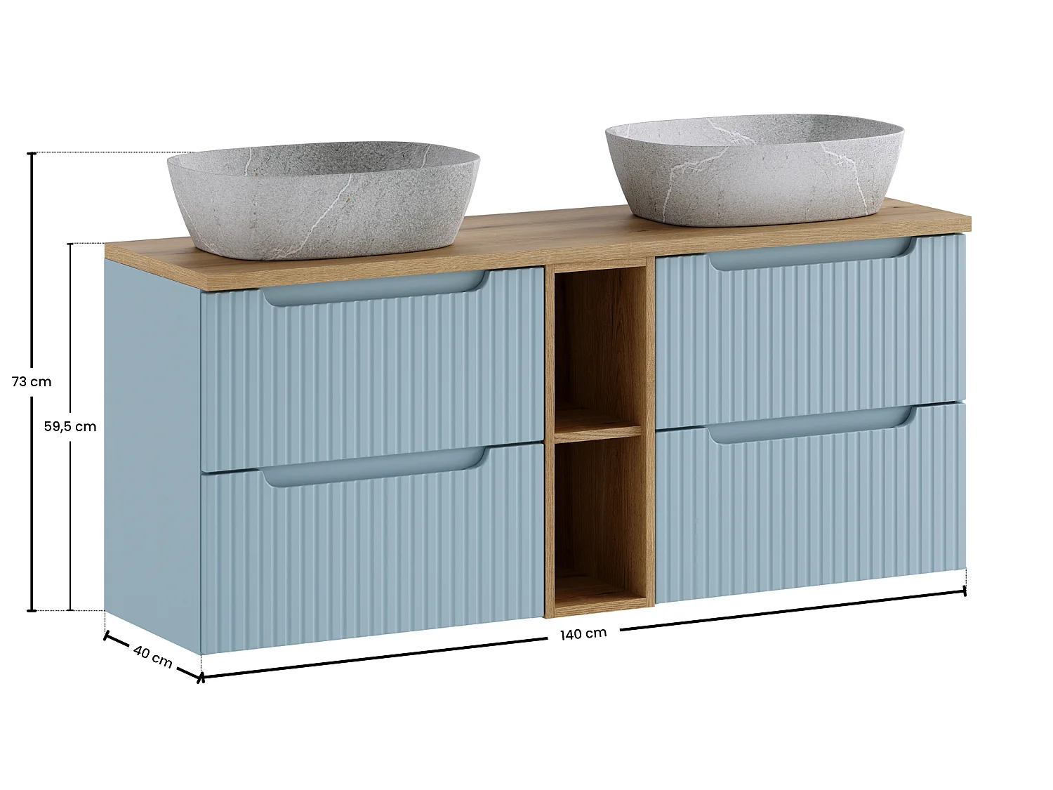 Ensemble de meubles Nova Denim 140 cm avec plan de toilette Nova Oak et 2 vasques à poser Anna