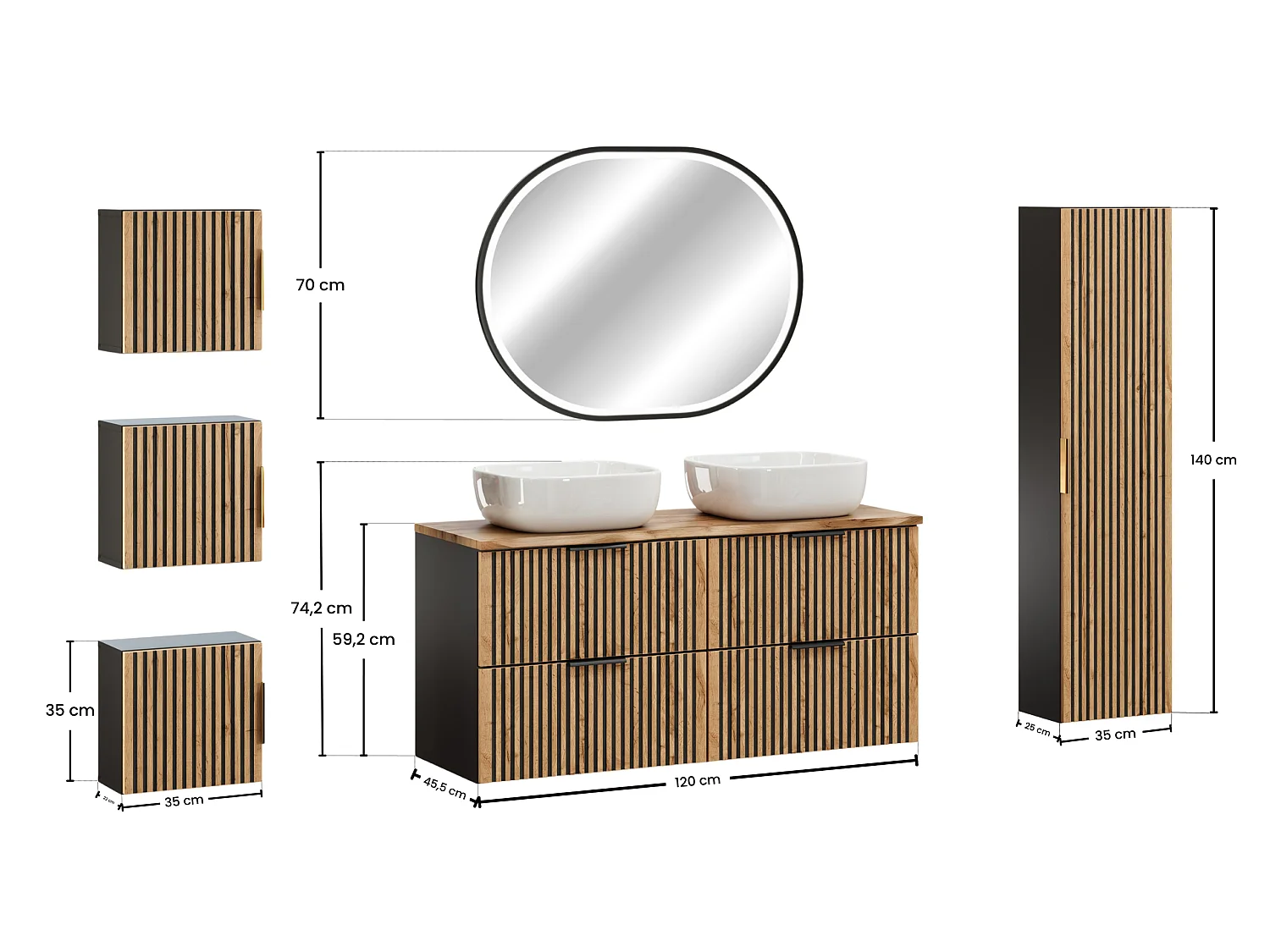 Badkamermeubelset 120 cm 9-delig Wotan eiken geribbeld met LED