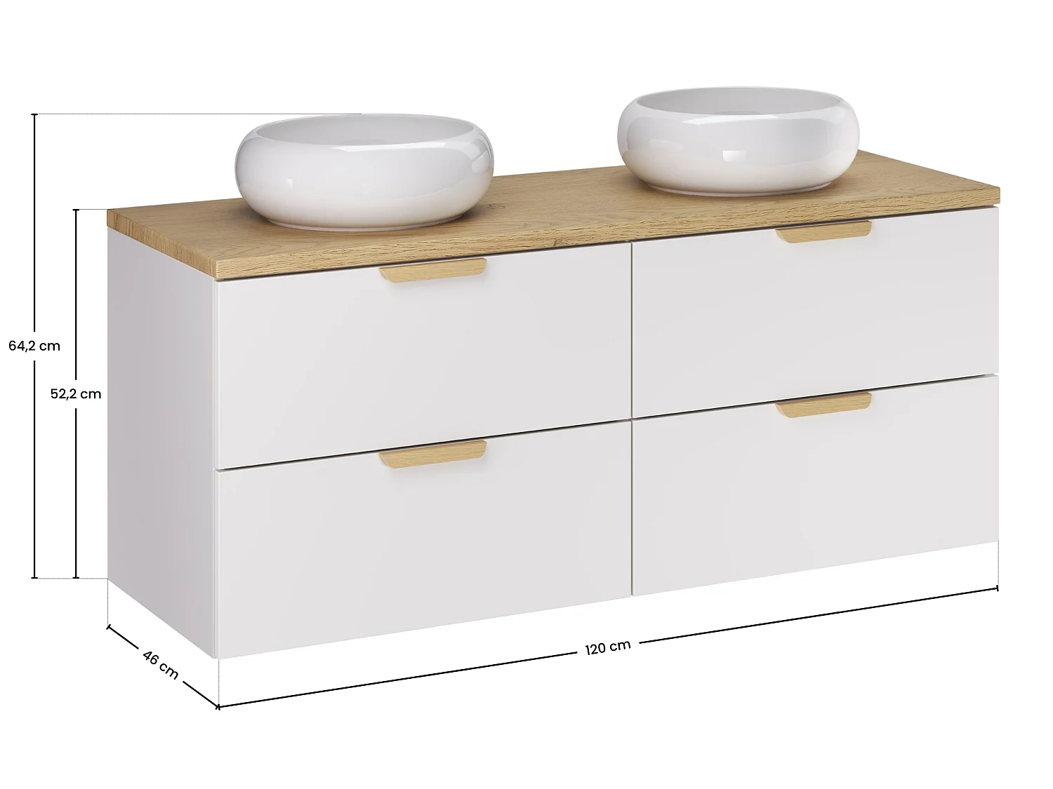 FR ensemble salle de bain Aster White 120 cm avec plan de toilette chêne Cremona et 2 vasques à poser Wiki