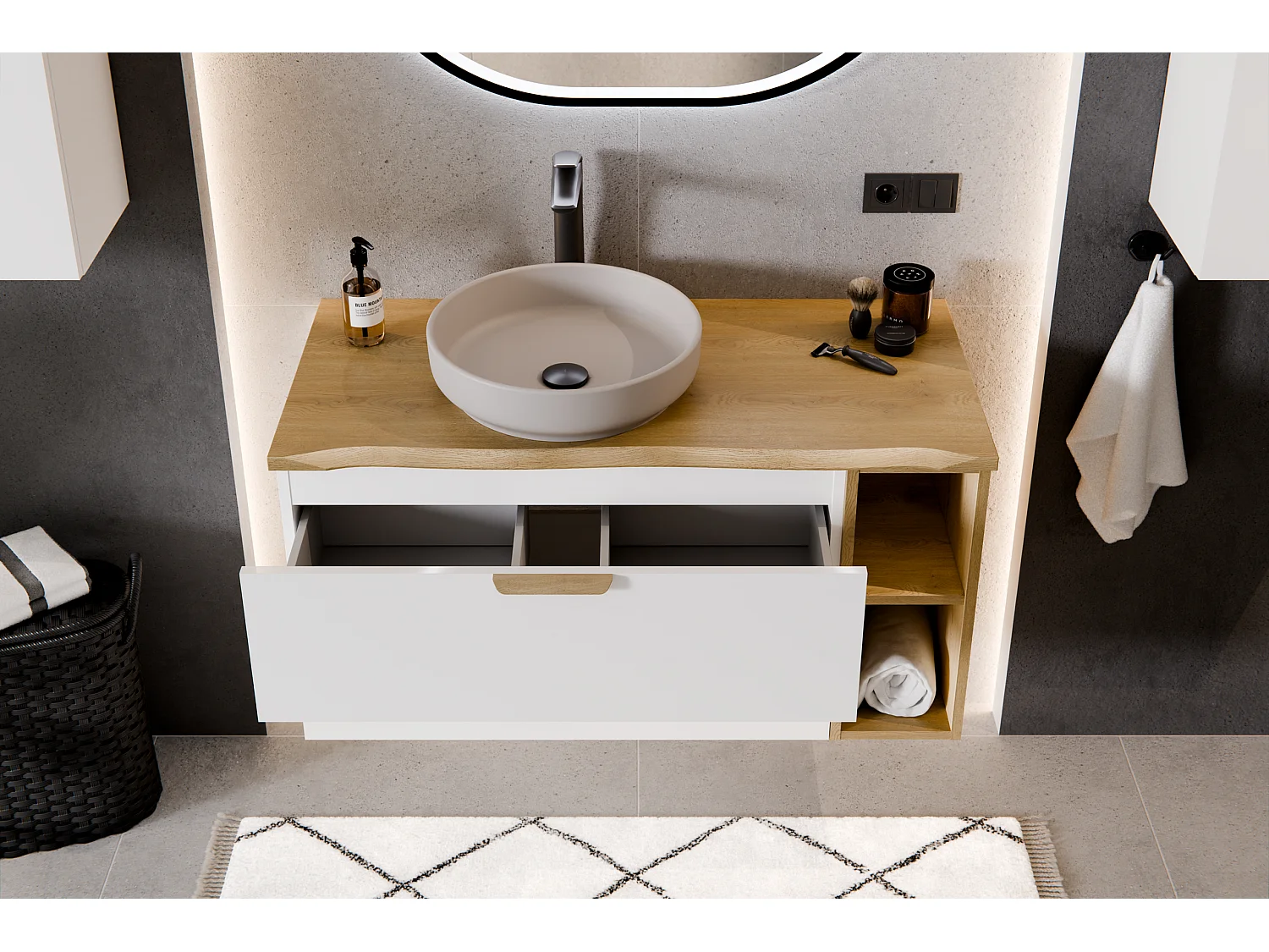 FR ensemble salle de bain Aster White 120 cm avec plan de toilette chêne Cremona et 2 vasques à poser Wiki
