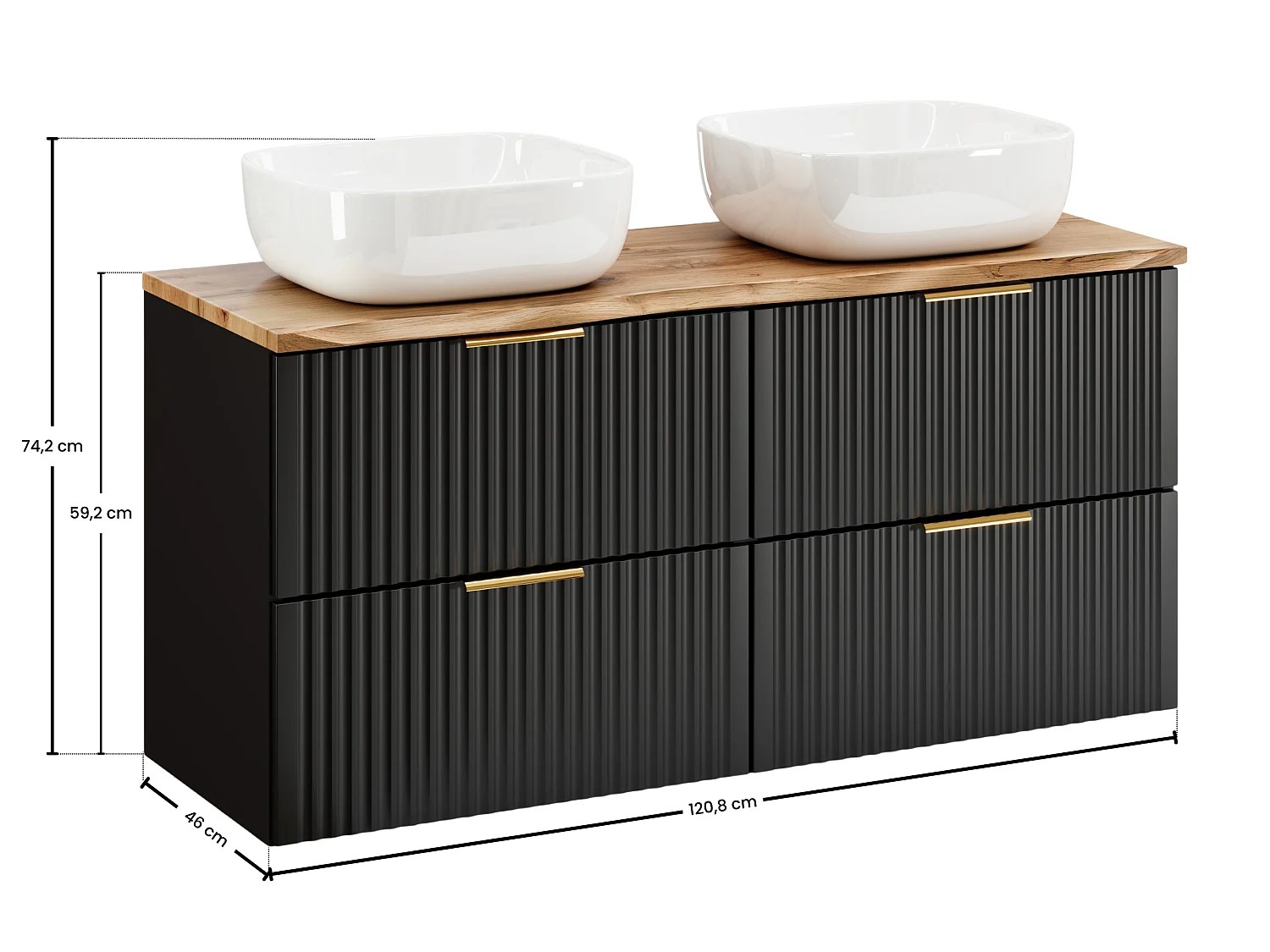 FR ensemble salle de bain Adel Black 120 cm avec plan de toilette chêne Wotan et 2 vasques à poser Smile
