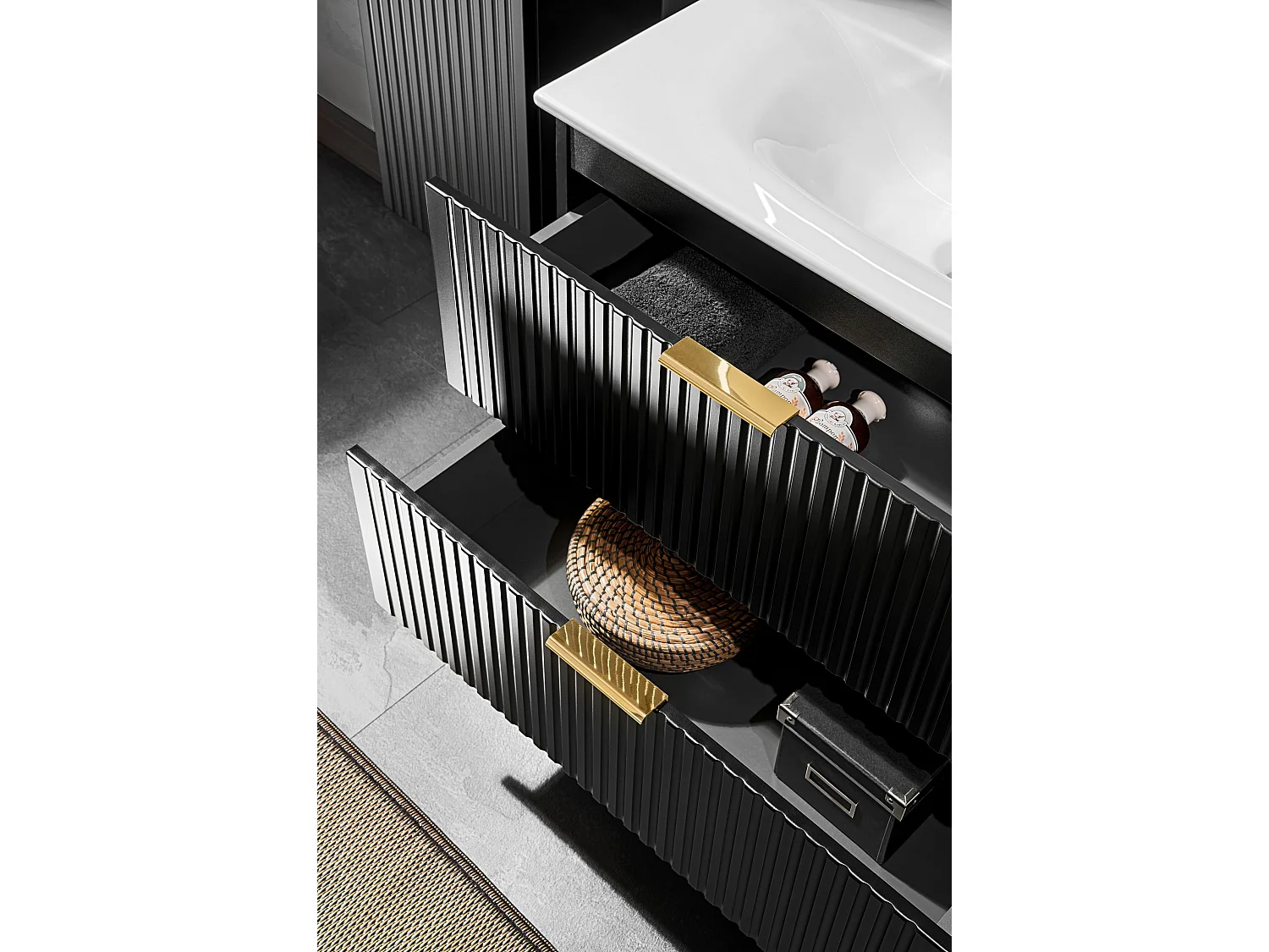 FR ensemble salle de bain Adel Black 120 cm avec plan de toilette chêne Wotan et 2 vasques à poser Smile