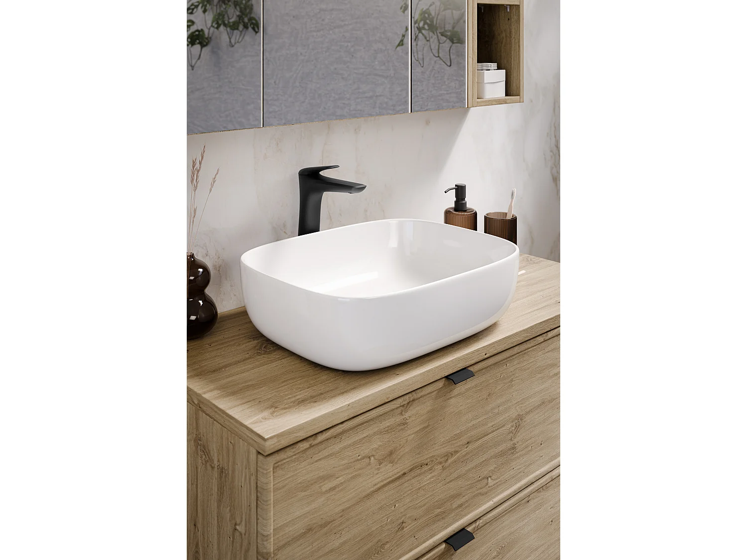 FR ensemble salle de bain Adel Black 120 cm avec plan de toilette chêne Wotan et 2 vasques à poser Smile