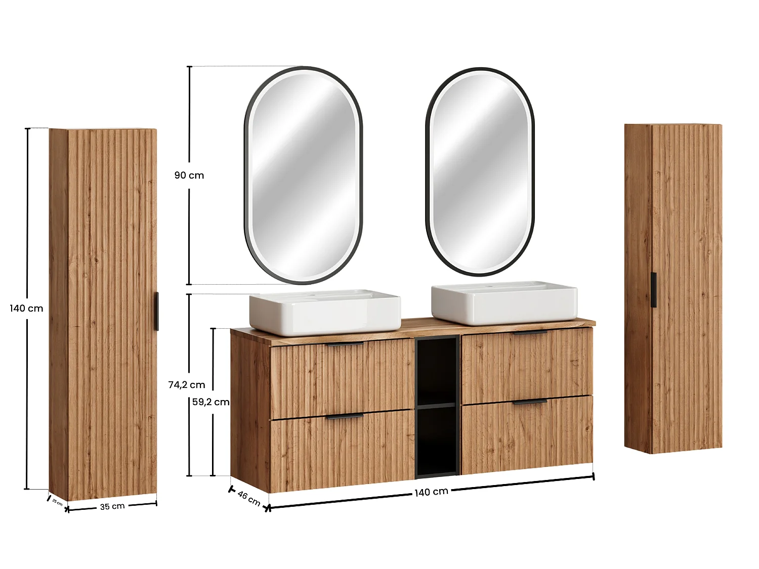 Ensemble salle de bain Adel Oak 140 cm avec plan de toilette, deux vasques à poser Magic, colonnes hautes et miroir LED