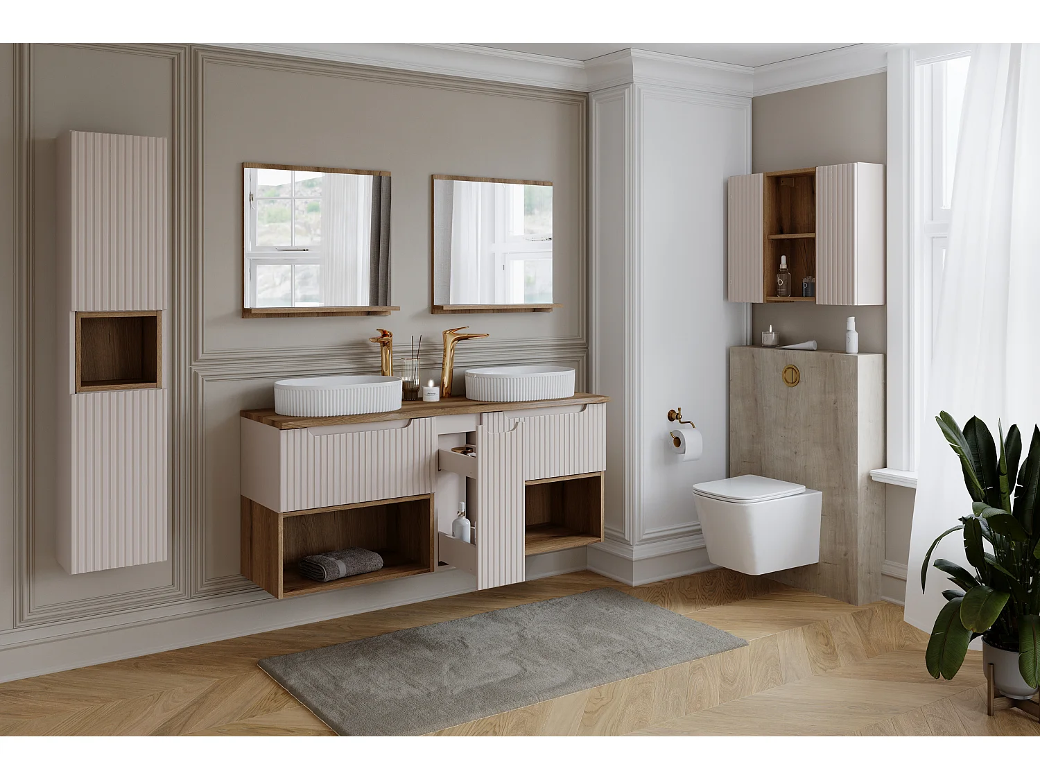 Conjunto de muebles Nova Cashmere 60 cm con lavabo sobre encimera SKY y armario alto
