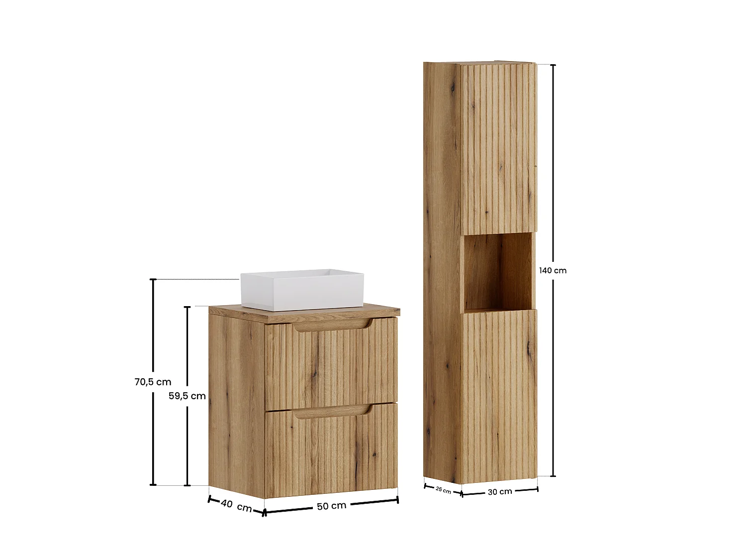 Conjunto de muebles Nova Coast Evoke 50 cm con encimera de baño, lavabo sobre encimera Gaja y armario alto
