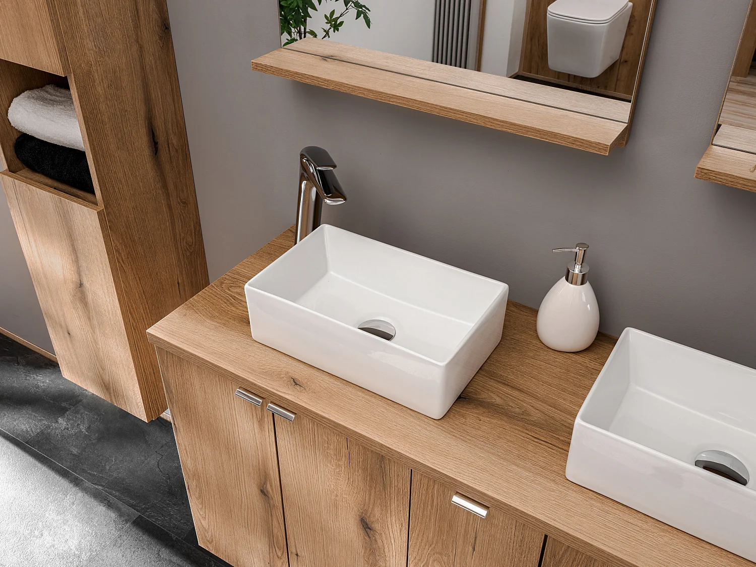 Conjunto de muebles Nova Coast Evoke 50 cm con encimera de baño, lavabo sobre encimera Gaja y armario alto