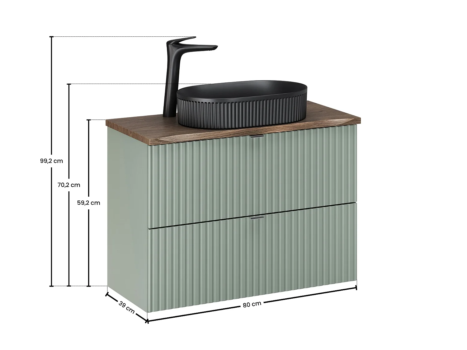 Conjunto de muebles Line Reed Green 80 cm con encimera de baño, lavabo sobre encimera y grifería negra alta