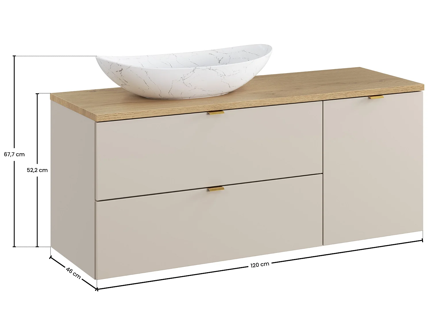 Conjunto de muebles Dalia Cashmere 120 cm con encimera, lavabo sobre encimera Lena y mueble con cesto para la ropa
