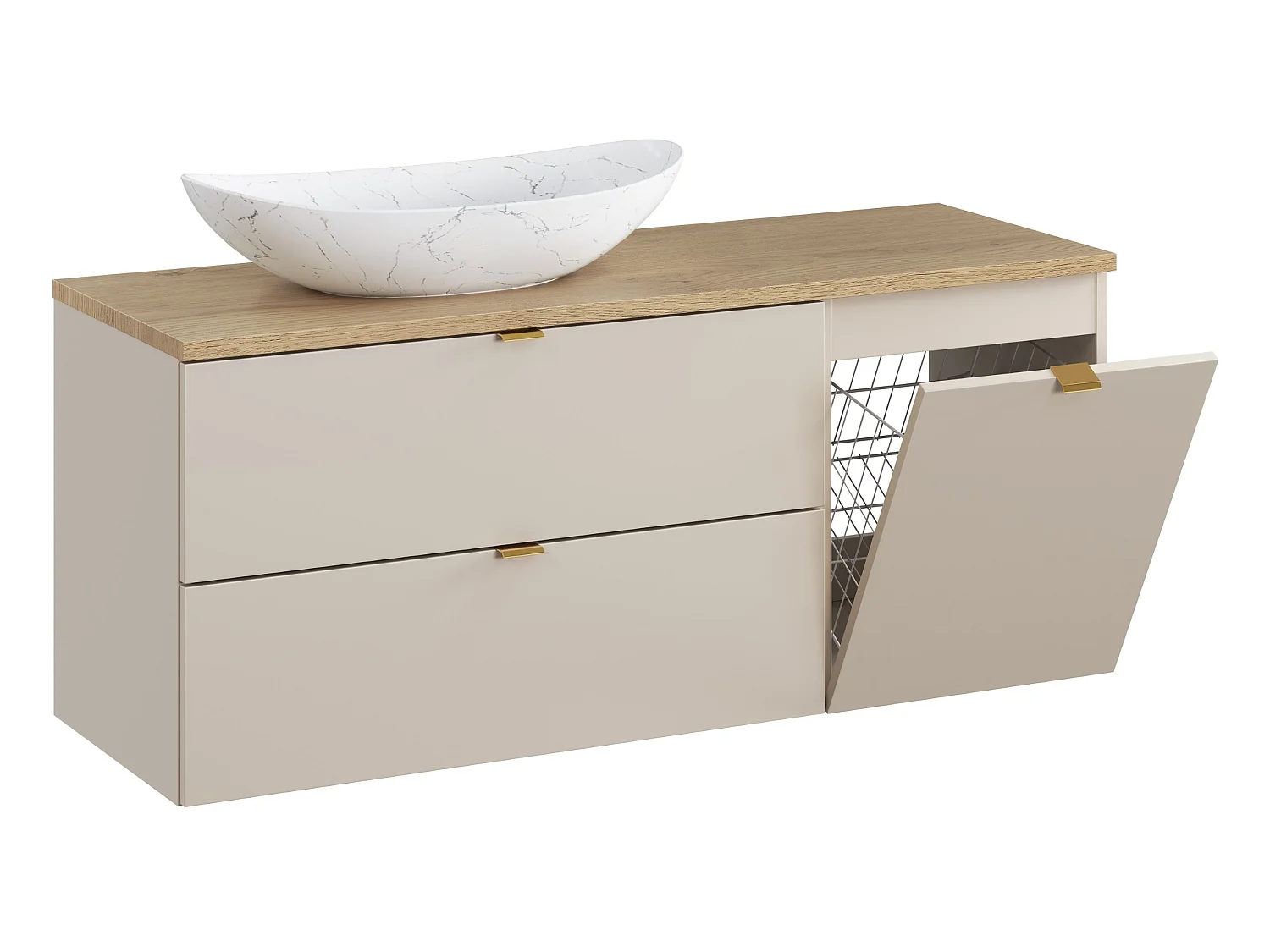 Conjunto de muebles Dalia Cashmere 120 cm con encimera, lavabo sobre encimera Lena y mueble con cesto para la ropa